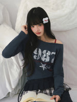 Vintage Number Printed Off-Shoulder Tee