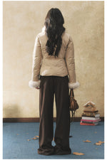 Khaki Faux Fur Collar Puffer Jacket