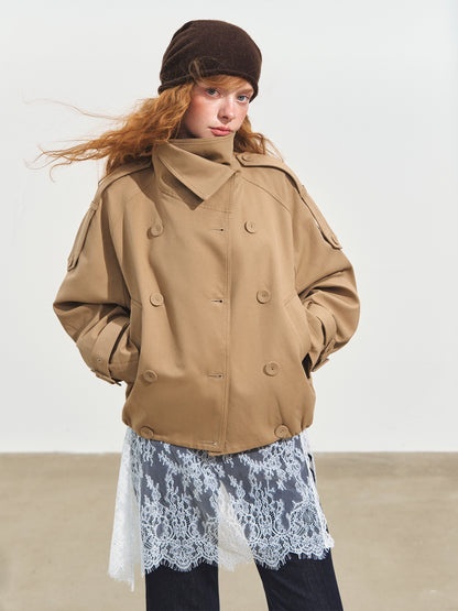 Plaid Lapel Double-Breasted Trench Coat