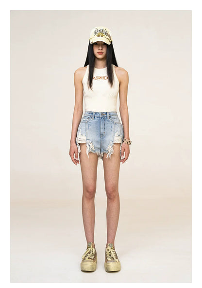 Blue Denim Frayed Distressed Shorts