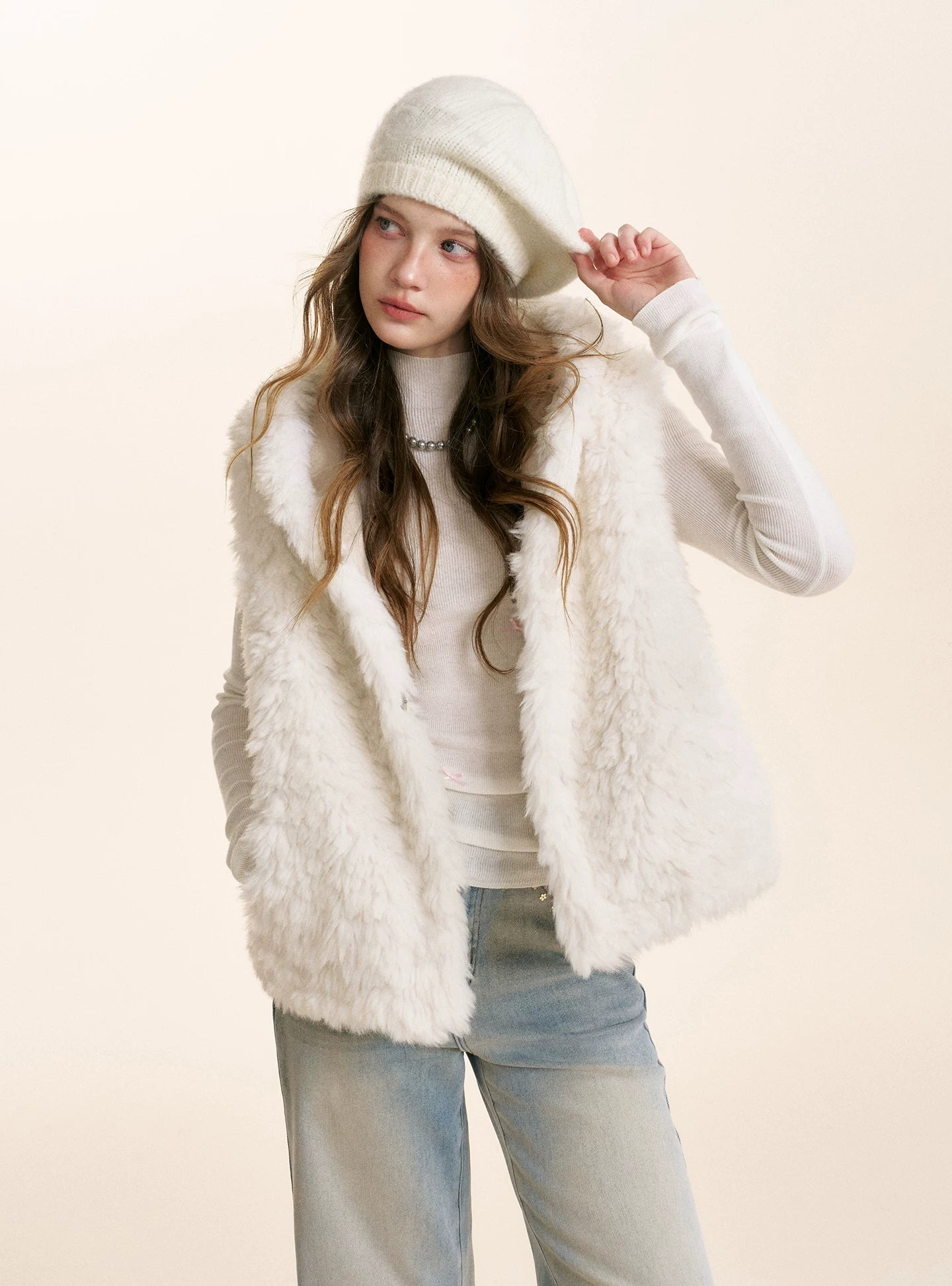 White Hooded Shearling Vest