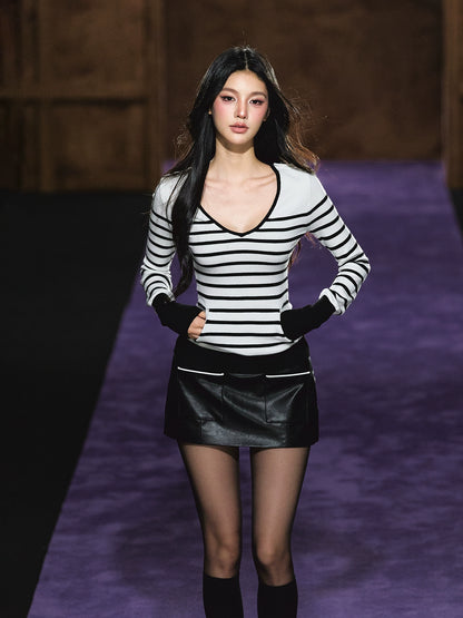 Striped V-Neck Epaulet Long-Sleeve Tee