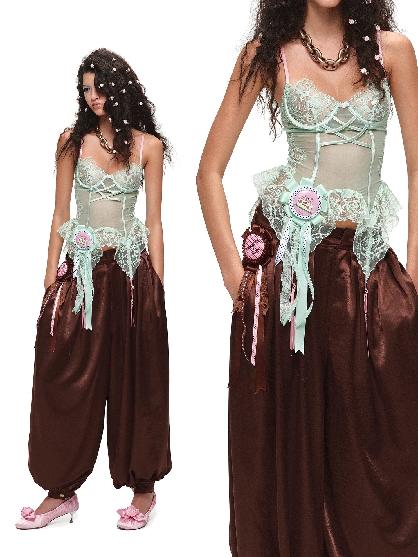 Black &amp; Brown Satin Balloon Pants