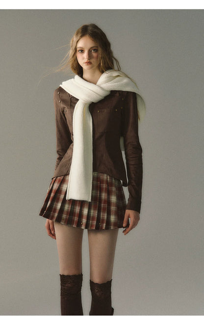 Red &amp; Coffee Plaid Pleated Mini Skirt