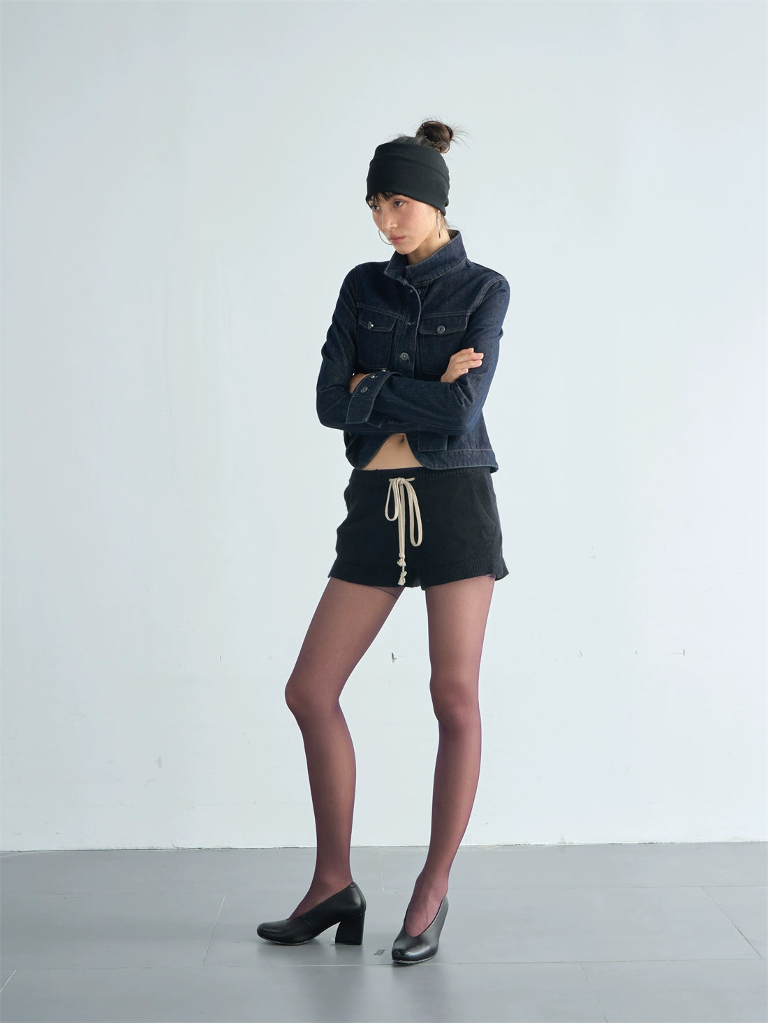 Original Denim Short Stand Collar Cinched Jacket Set