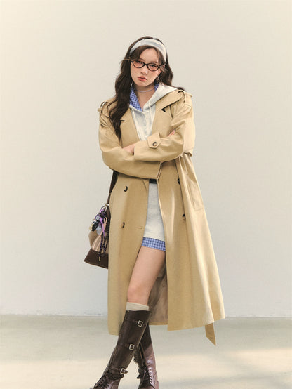 Khaki Embroidered Collar Khaki Long Trench Coat
