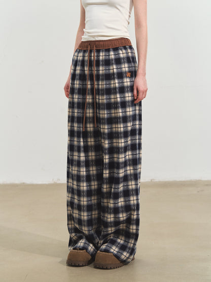 Blue Relaxed Plaid Wide-Leg Pants