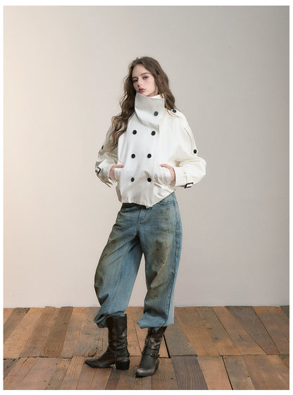 Vintage Pleated Stand Collar Jacket