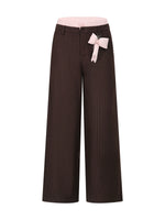 Brown Double-Waist Stripe Wide-Leg Pants