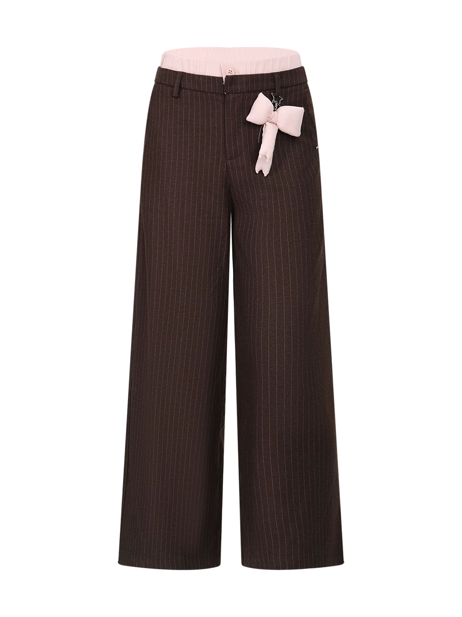 Brown Double-Waist Stripe Wide-Leg Pants