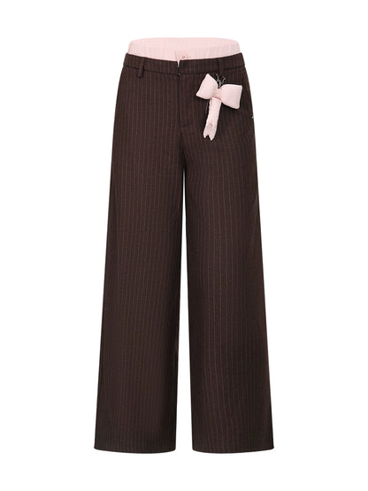 Brown Double-Waist Stripe Wide-Leg Pants