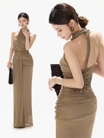 Halter Ruched Mesh Dress