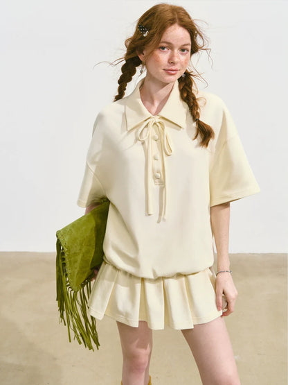 Bowknot Pleated Short-sleeved Dress