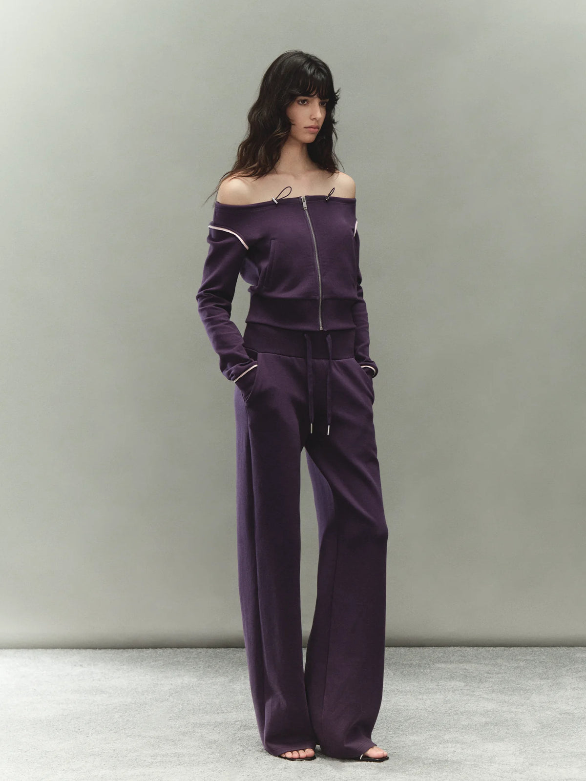 Off-Shoulder Drawstring Sweatshirt &amp; Pants Set