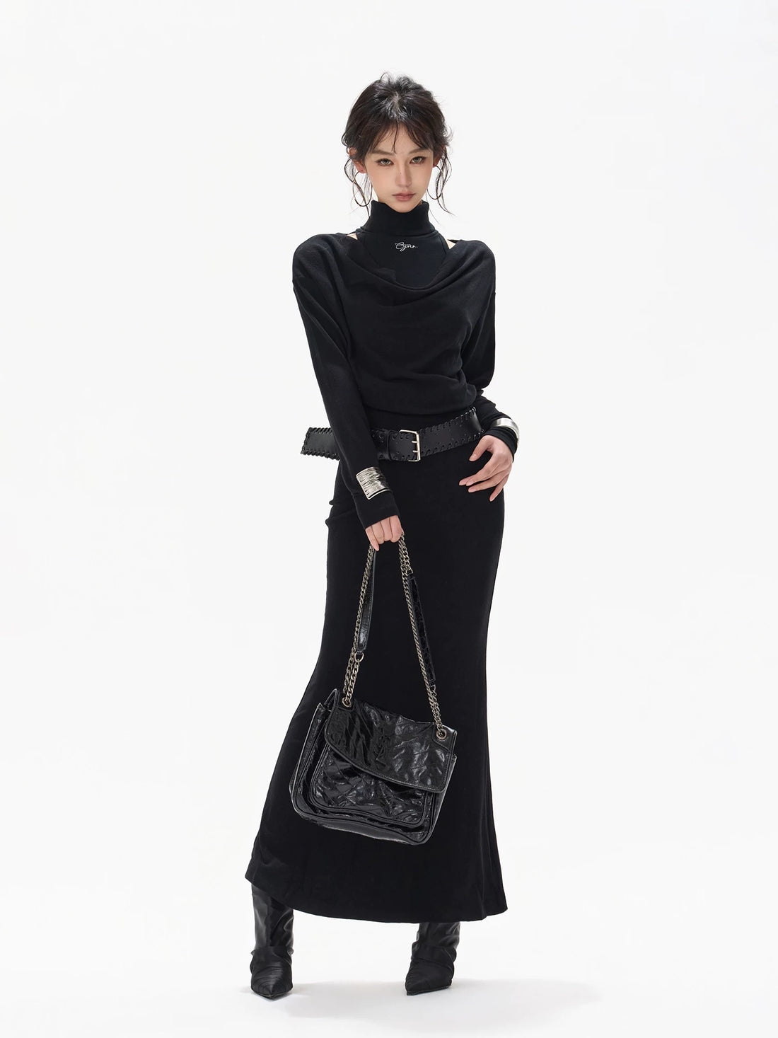 Black Draped Knit High-neck Dress