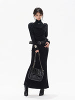 Black Draped Knit High-neck Dress