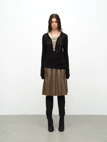 Black &amp; Green Wool Handmade Drawstring Knit Pullover Sweater