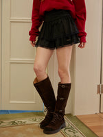 Suede Drawstring Lace Ruffle Mini Skirt