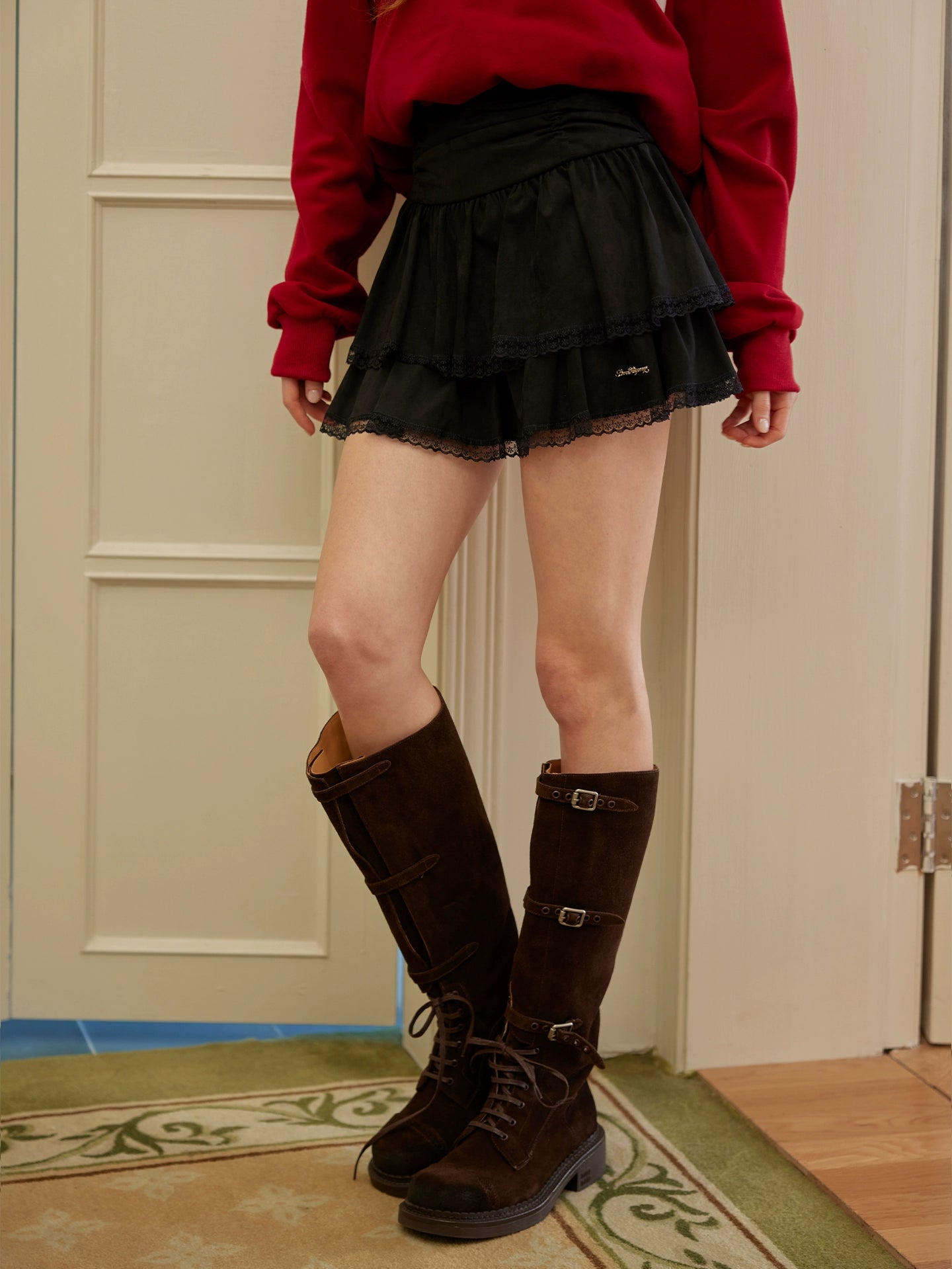 Suede Drawstring Lace Ruffle Mini Skirt