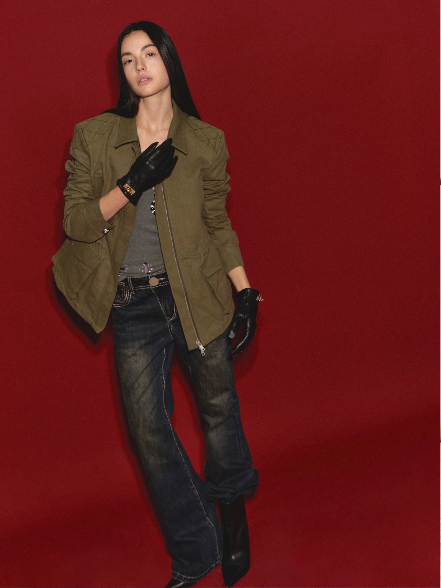 Mud-Blue Contrast-Stitch Flare Jeans