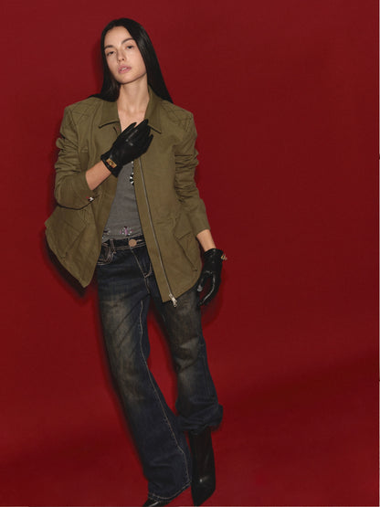 Mud-Blue Contrast-Stitch Flare Jeans