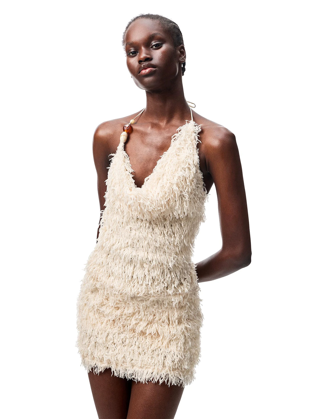 V-Neck Beaded Draped Collar Halter Cami Top