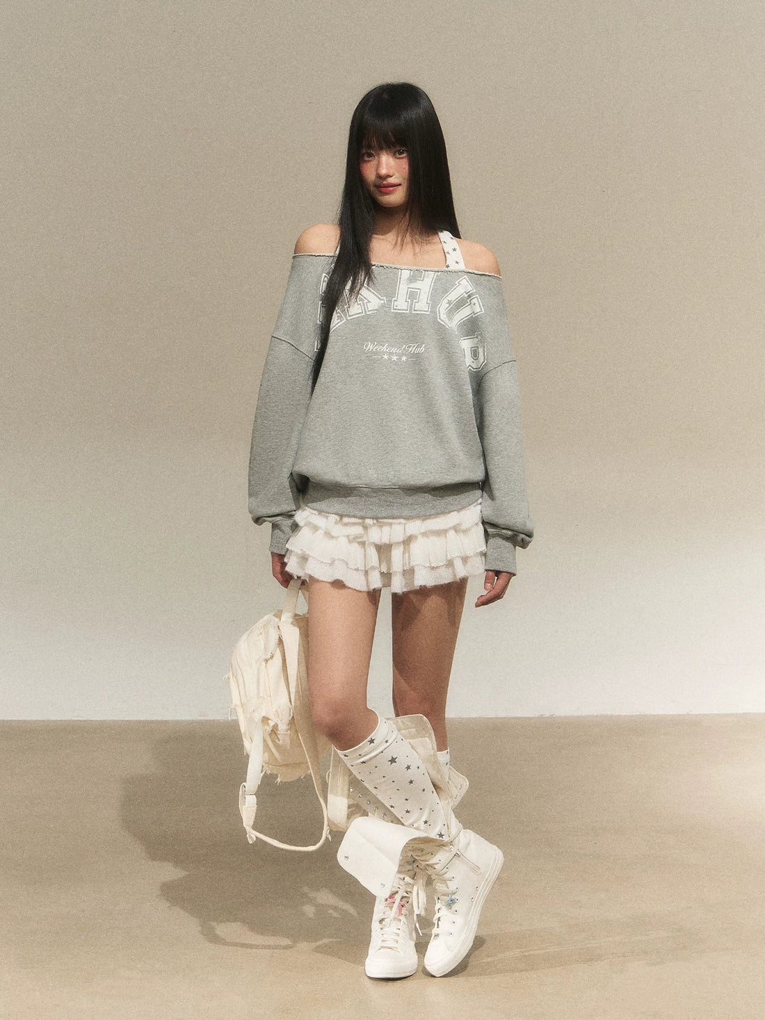 Off-Shoulder Halter Faux Layer Sweatshirt