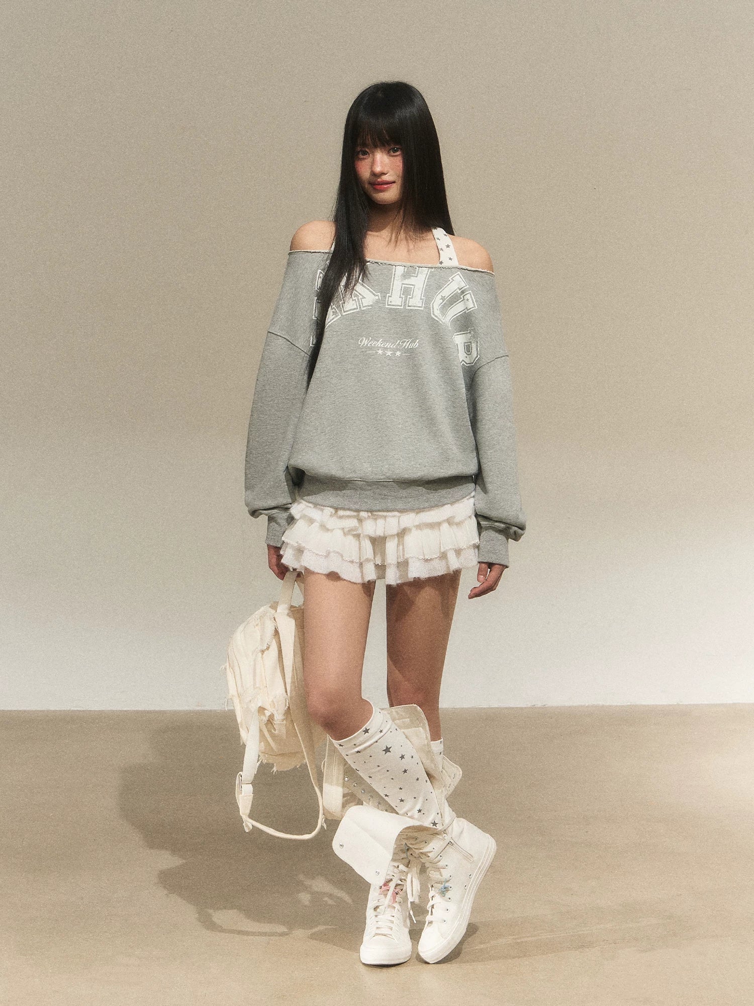 Off-Shoulder Halter Faux Layer Sweatshirt