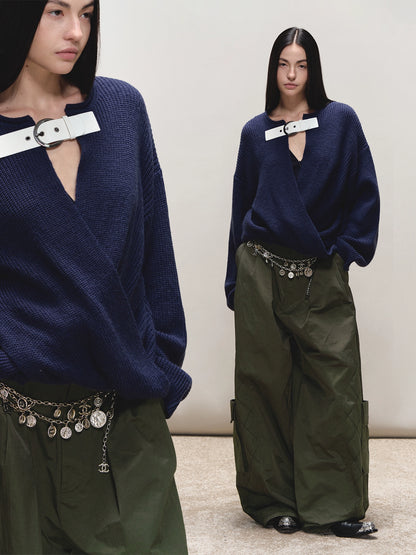 Wool V-Neck Buckle-Panel Sweater