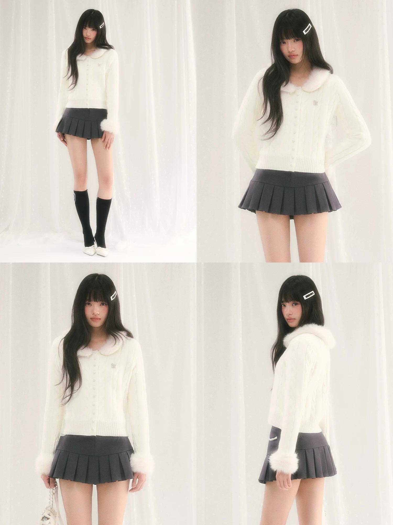 Cable Knit Fur Collar Cardigan