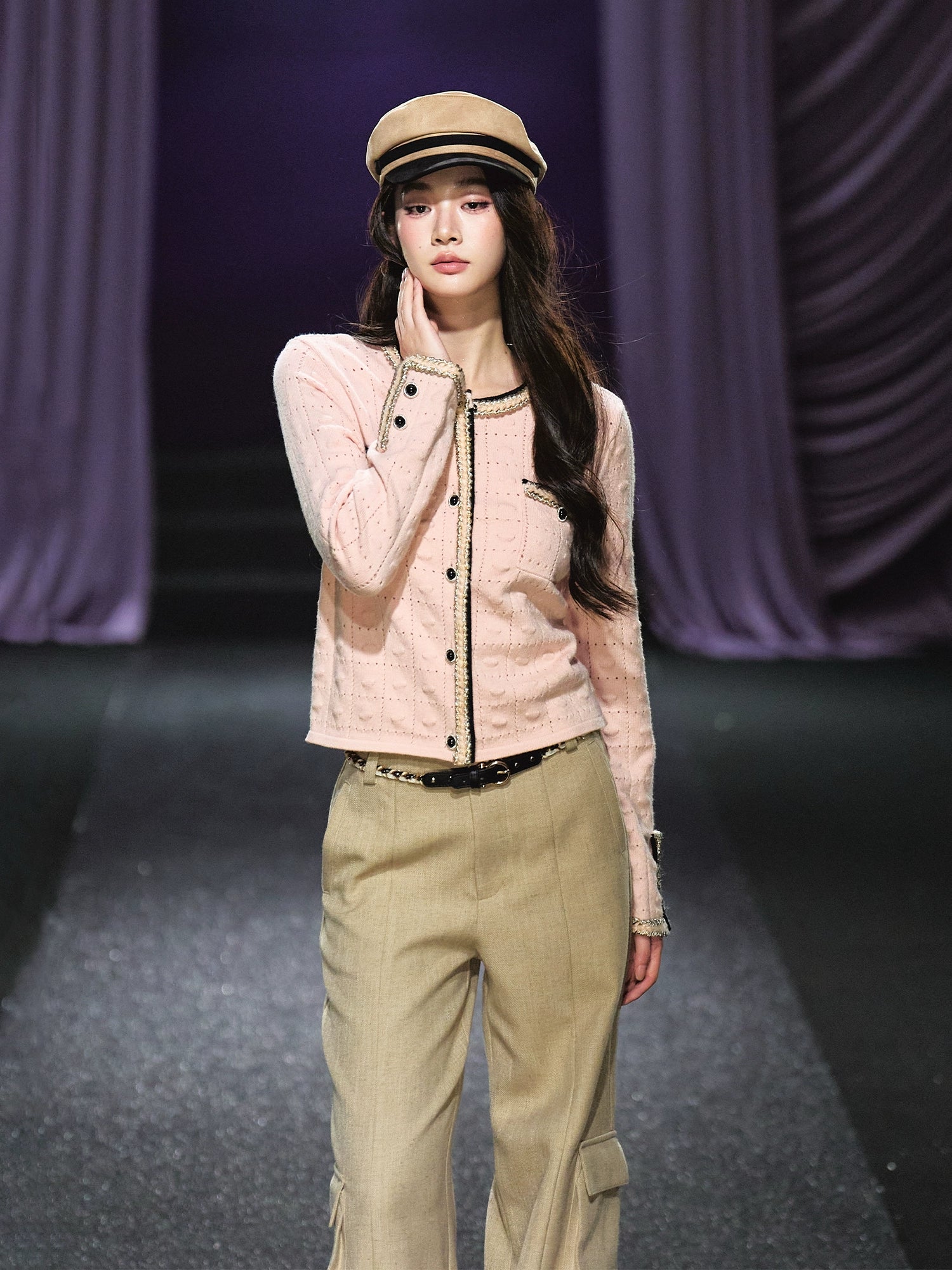 Pink Plaid Openwork Cardigan