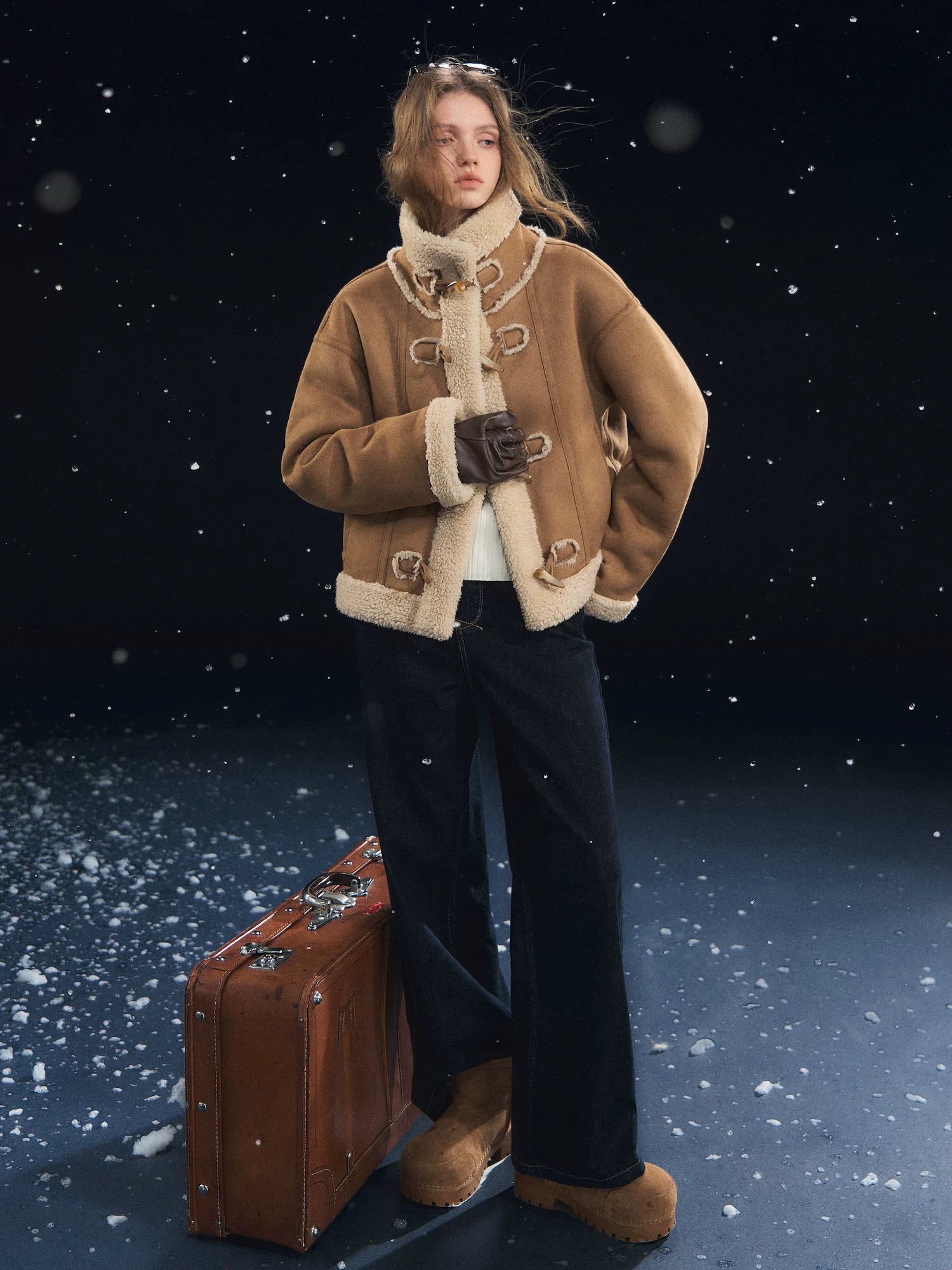 Horn Button Woolen Fur Jacket