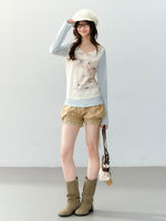 Khaki Lace Trim Balloon Shorts