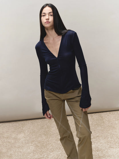 Lyocell Adjustable-Zip Flared-Sleeve Top