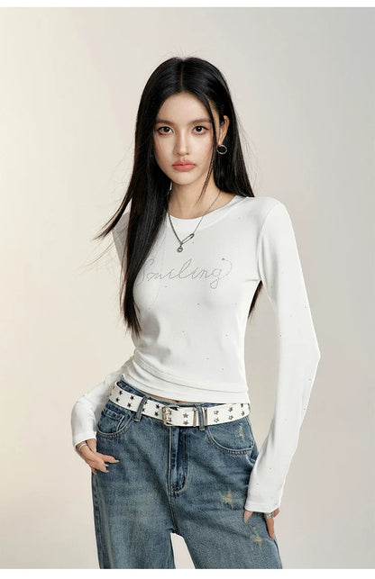 Black &amp; White Round Neck Fitted Long-sleeve T-shirt