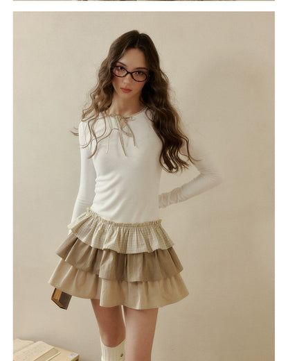 Brown &amp; White Knit Plaid Tiered Dress