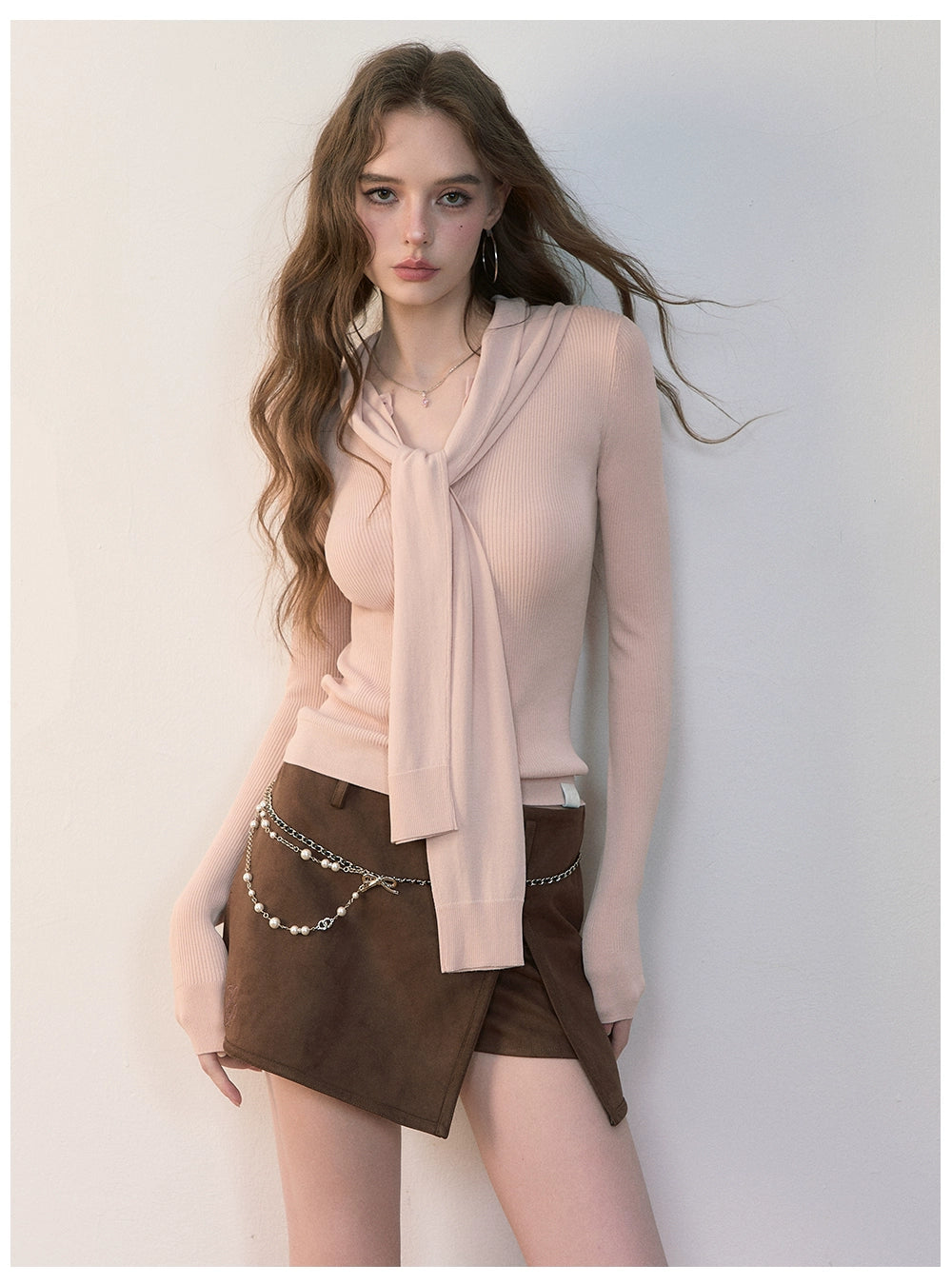 Brown Side-Slit Faux Suede Skort