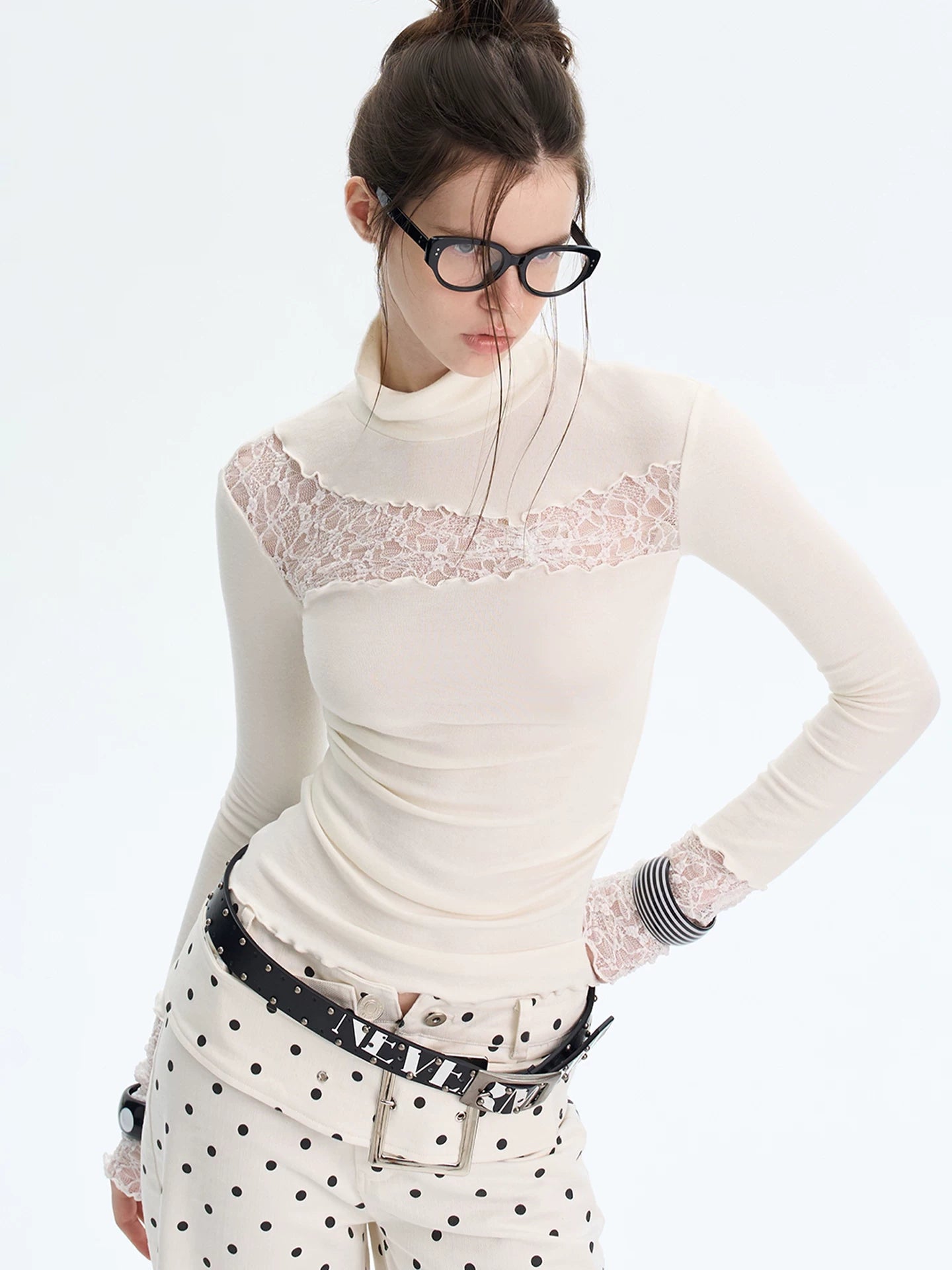 Lace Panel Turtleneck Top