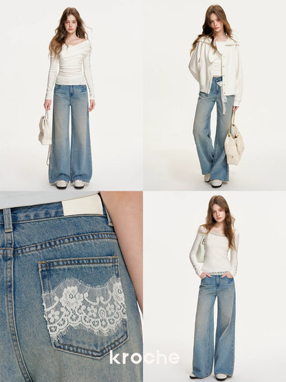 Denim Blue Lace Tie Wide-Leg Jeans