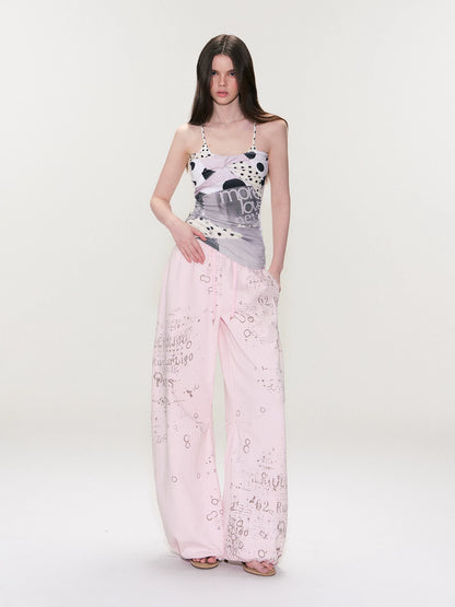 Pink Printed Wide-Leg Pants