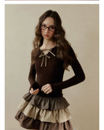 Brown & White Knit Plaid Tiered Dress