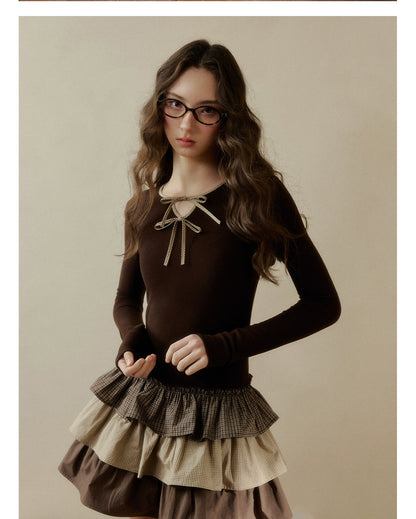 Brown &amp; White Knit Plaid Tiered Dress