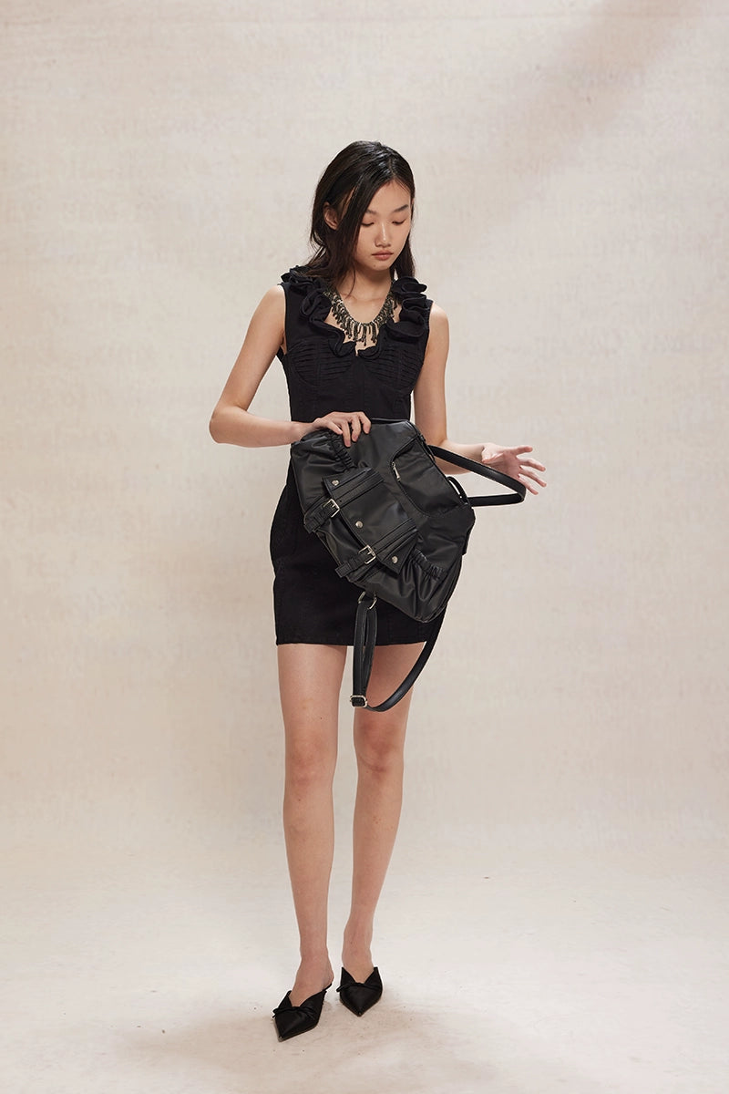 Black Ruffled V-neck Denim Dress