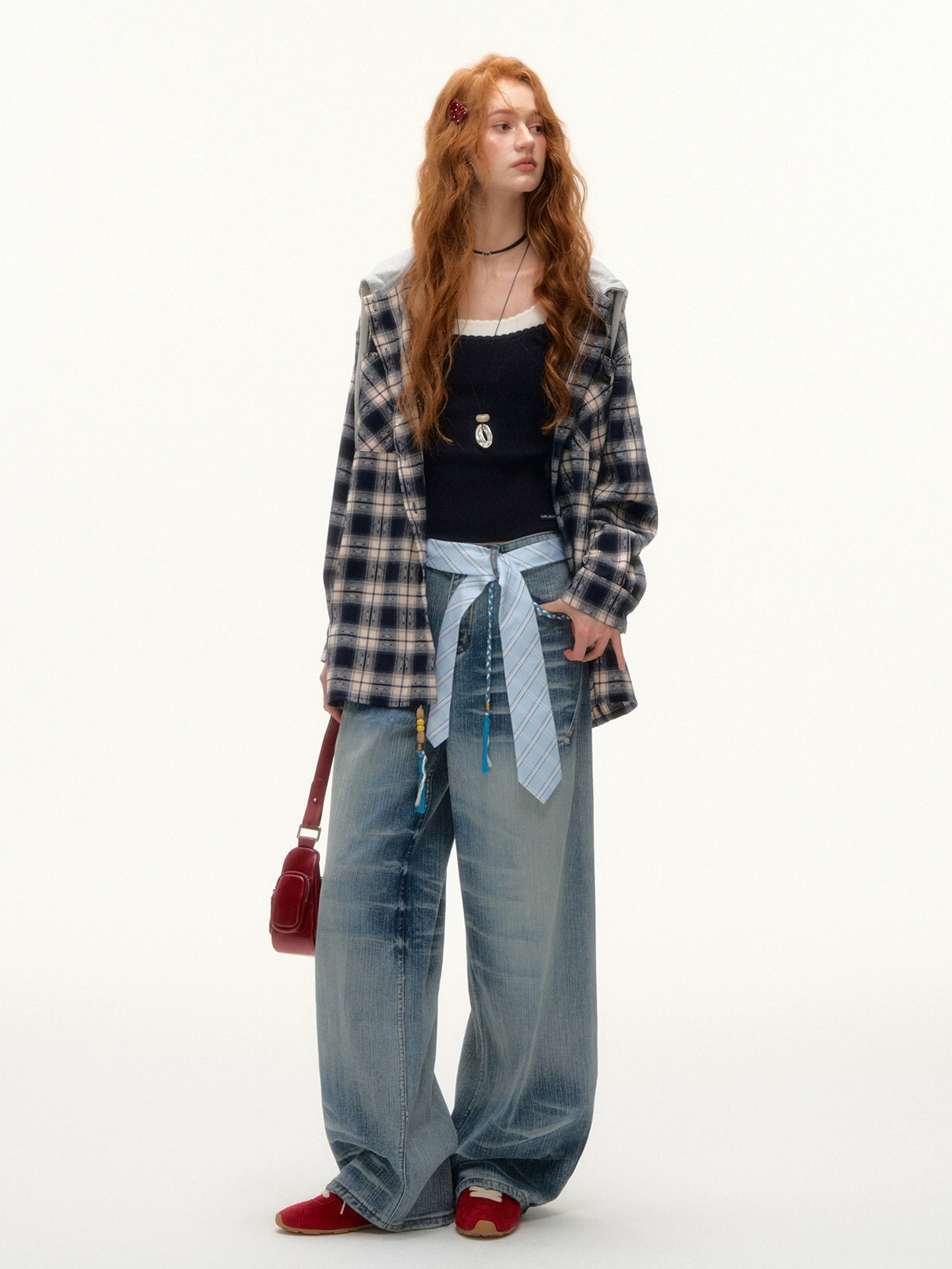 Vintage Plaid Studded Hooded Shirt