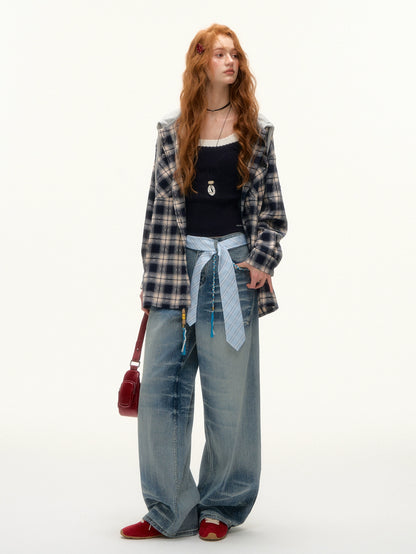 Vintage Plaid Studded Hooded Shirt