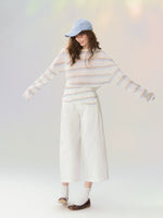 Sheer Off-Shoulder Striped Long Sleeve T-shirt
