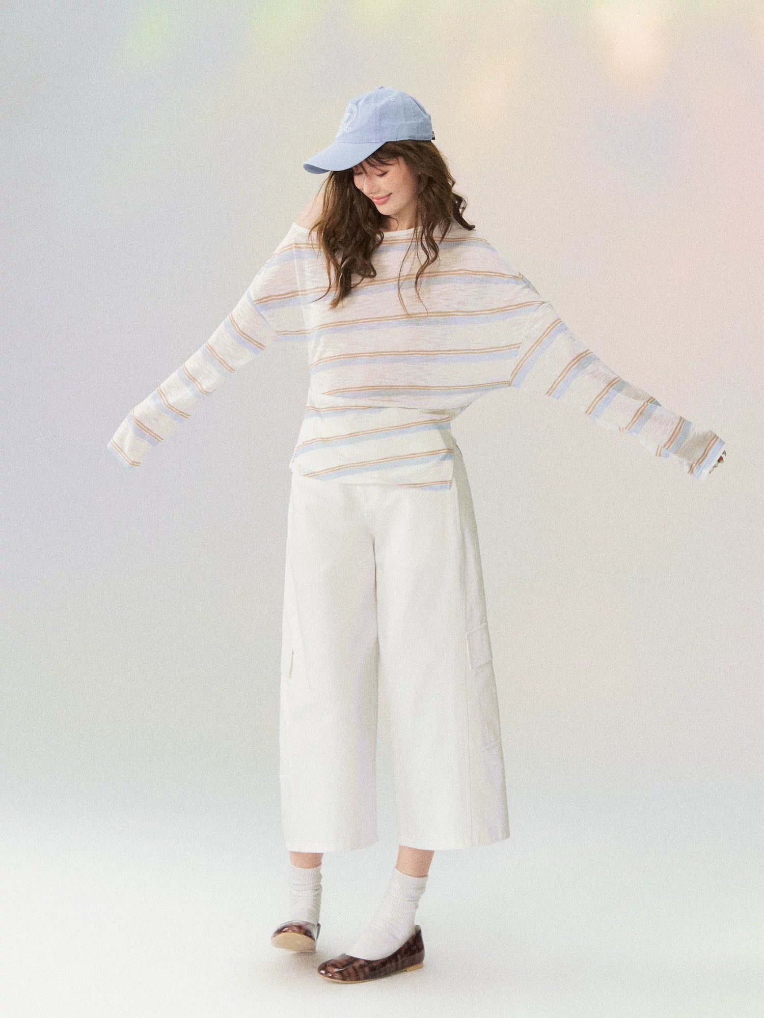 Sheer Off-Shoulder Striped Long Sleeve T-shirt