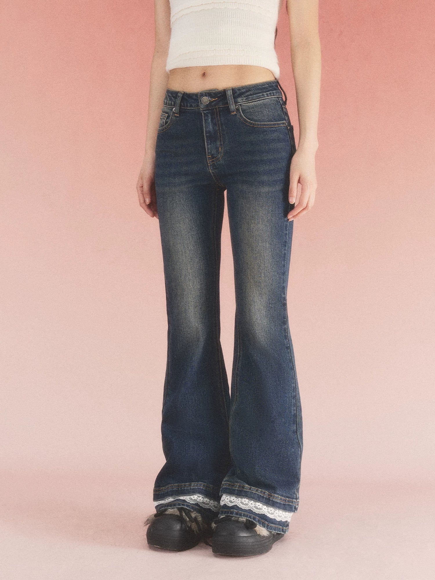 Navy Blue Lace Flared Jeans