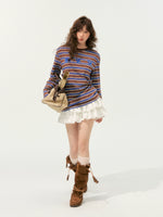 Color-Block Applique Embroidered Striped Long-Sleeve T-Shirt