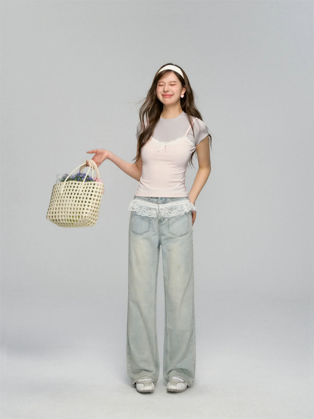 Lace-Trimmed Washed Straight-Leg Jeans Set